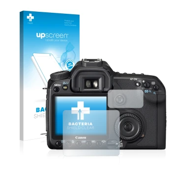 Parte frontal de un envase de producto con el logotipo de la marca upscreen. Al lado se muestra el dispositivo Canon EOS 40D c