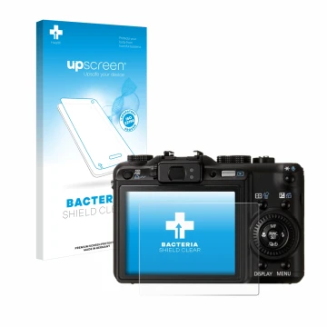 Parte frontal de un envase de producto con el logotipo de la marca upscreen. Al lado se muestra el dispositivo Canon PowerShot