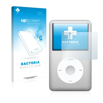 Parte frontal de un envase de producto con el logotipo de la marca upscreen. Al lado se muestra el dispositivo Apple iPod Clas