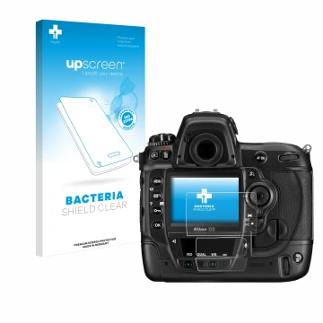Parte frontal de un envase de producto con el logotipo de la marca upscreen. Al lado se muestra el dispositivo Nikon D3 con su