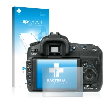 Parte frontal de un envase de producto con el logotipo de la marca upscreen. Al lado se muestra el dispositivo Sony Alpha 350 