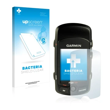 Parte frontal de un envase de producto con el logotipo de la marca upscreen. Al lado se muestra el dispositivo Garmin Edge 705