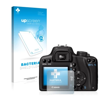 Parte frontal de un envase de producto con el logotipo de la marca upscreen. Al lado se muestra el dispositivo Canon EOS 1000D