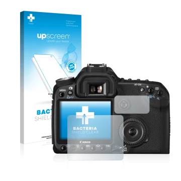 Parte frontal de un envase de producto con el logotipo de la marca upscreen. Al lado se muestra el dispositivo Canon EOS 50D c