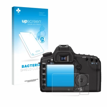 Parte frontal de un envase de producto con el logotipo de la marca upscreen. Al lado se muestra el dispositivo Canon EOS 5D Ma