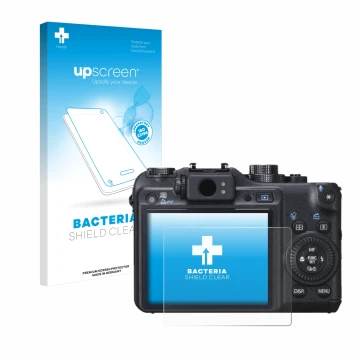 Parte frontal de un envase de producto con el logotipo de la marca upscreen. Al lado se muestra el dispositivo Canon PowerShot