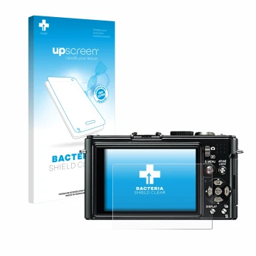 Parte frontal de un envase de producto con el logotipo de la marca upscreen. Al lado se muestra el dispositivo Leica D-Lux 4 c