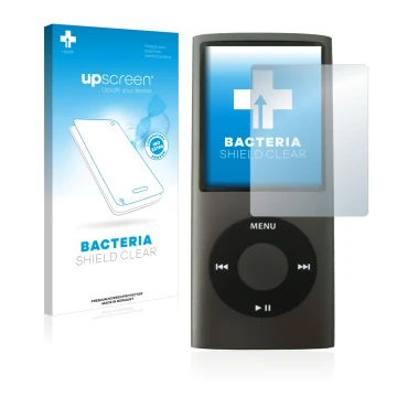 Parte frontal de un envase de producto con el logotipo de la marca upscreen. Al lado se muestra el dispositivo Apple iPod nano