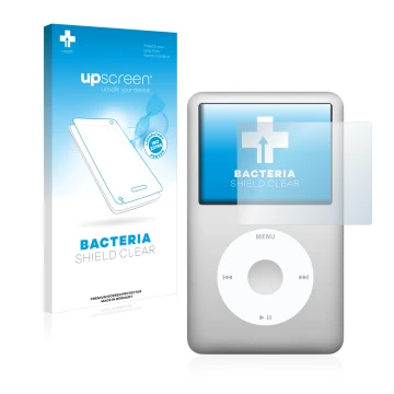 Parte frontal de un envase de producto con el logotipo de la marca upscreen. Al lado se muestra el dispositivo Apple iPod clas