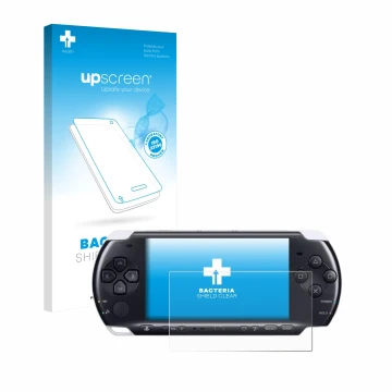 Parte frontal de un envase de producto con el logotipo de la marca upscreen. Al lado se muestra el dispositivo Sony PSP 3000 c