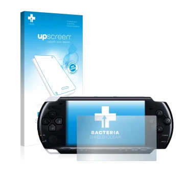 Parte frontal de un envase de producto con el logotipo de la marca upscreen. Al lado se muestra el dispositivo Sony PSP 3004 c