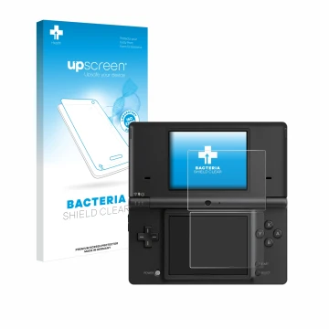 Parte frontal de un envase de producto con el logotipo de la marca upscreen. Al lado se muestra el dispositivo Nintendo DSi co