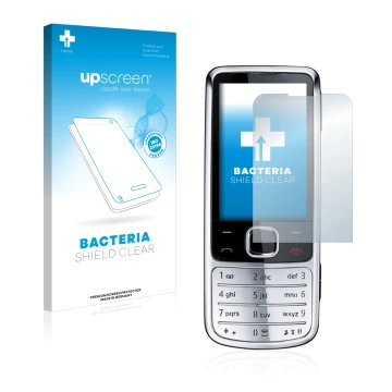 Parte frontal de un envase de producto con el logotipo de la marca upscreen. Al lado se muestra el dispositivo Nokia 6700 clas