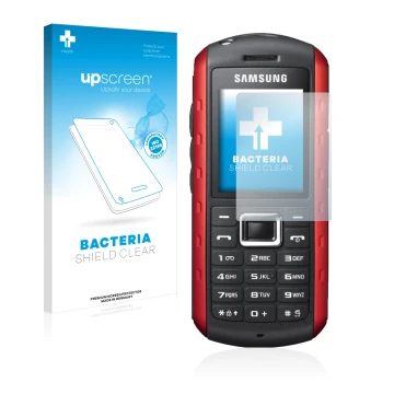 Parte frontal de un envase de producto con el logotipo de la marca upscreen. Al lado se muestra el dispositivo Samsung B2100 c