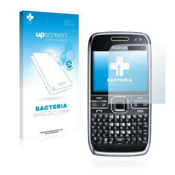 Parte frontal de un envase de producto con el logotipo de la marca upscreen. Al lado se muestra el dispositivo Nokia E72 con s