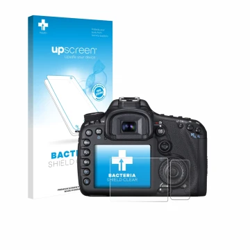 Parte frontal de un envase de producto con el logotipo de la marca upscreen. Al lado se muestra el dispositivo Canon EOS 7D co