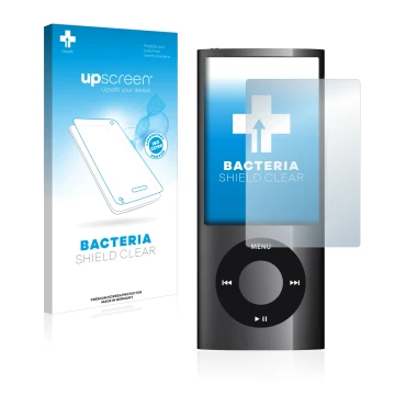 Parte frontal de un envase de producto con el logotipo de la marca upscreen. Al lado se muestra el dispositivo Apple iPod nano