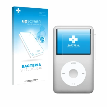 Parte frontal de un envase de producto con el logotipo de la marca upscreen. Al lado se muestra el dispositivo Apple iPod clas