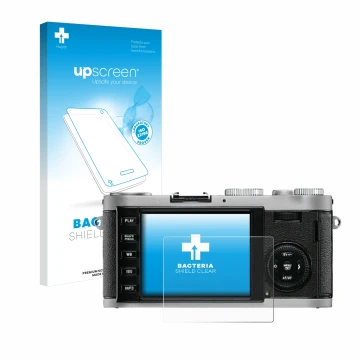 Parte frontal de un envase de producto con el logotipo de la marca upscreen. Al lado se muestra el dispositivo Leica X1 con su