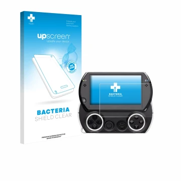 Parte frontal de un envase de producto con el logotipo de la marca upscreen. Al lado se muestra el dispositivo Sony PSP Go con