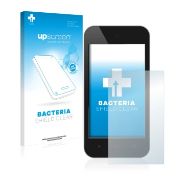 Parte frontal de un envase de producto con el logotipo de la marca upscreen. Al lado se muestra el dispositivo con su protecto