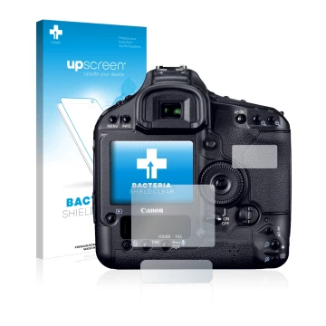 Parte frontal de un envase de producto con el logotipo de la marca upscreen. Al lado se muestra el dispositivo Canon EOS 1D Ma