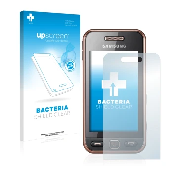 Parte frontal de un envase de producto con el logotipo de la marca upscreen. Al lado se muestra el dispositivo Samsung GT-S523