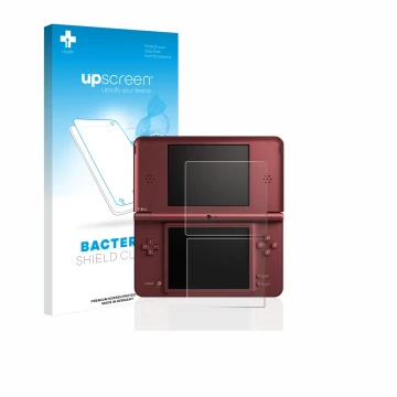 Parte frontal de un envase de producto con el logotipo de la marca upscreen. Al lado se muestra el dispositivo Nintendo DSi XL