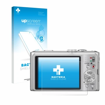 Parte frontal de un envase de producto con el logotipo de la marca upscreen. Al lado se muestra el dispositivo Panasonic Lumix