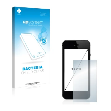 Parte frontal de un envase de producto con el logotipo de la marca upscreen. Al lado se muestra el dispositivo con su protecto