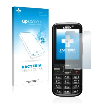 Parte frontal de un envase de producto con el logotipo de la marca upscreen. Al lado se muestra el dispositivo Nokia C5-00 con