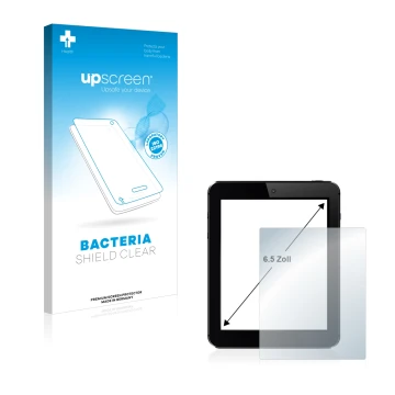 Parte frontal de un envase de producto con el logotipo de la marca upscreen. Al lado se muestra el dispositivo con su protecto