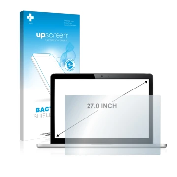 Parte frontal de un envase de producto con el logotipo de la marca upscreen. Al lado se muestra el dispositivo con su protecto