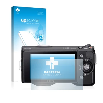 Parte frontal de un envase de producto con el logotipo de la marca upscreen. Al lado se muestra el dispositivo Sony Alpha NEX-