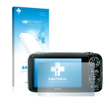 Parte frontal de un envase de producto con el logotipo de la marca upscreen. Al lado se muestra el dispositivo Fujifilm FinePi