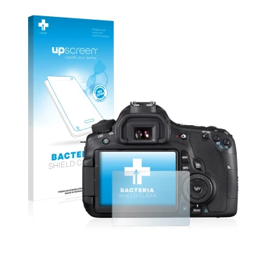 Parte frontal de un envase de producto con el logotipo de la marca upscreen. Al lado se muestra el dispositivo Canon EOS 60D c