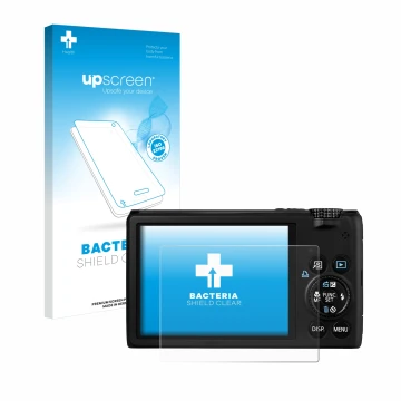 Parte frontal de un envase de producto con el logotipo de la marca upscreen. Al lado se muestra el dispositivo Canon PowerShot