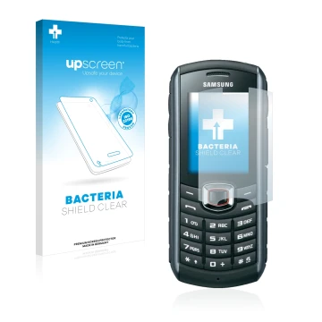 Parte frontal de un envase de producto con el logotipo de la marca upscreen. Al lado se muestra el dispositivo Samsung B2710 c