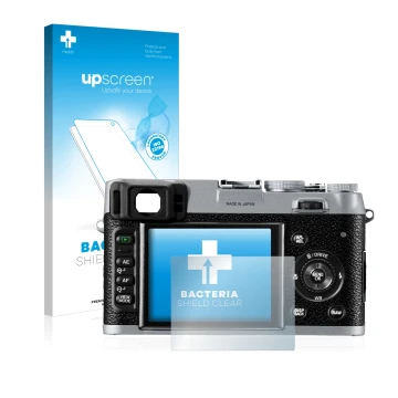 Parte frontal de un envase de producto con el logotipo de la marca upscreen. Al lado se muestra el dispositivo Fujifilm FinePi