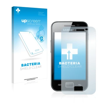 Parte frontal de un envase de producto con el logotipo de la marca upscreen. Al lado se muestra el dispositivo Samsung Galaxy 