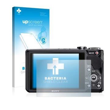 Parte frontal de un envase de producto con el logotipo de la marca upscreen. Al lado se muestra el dispositivo Sony Cyber-Shot