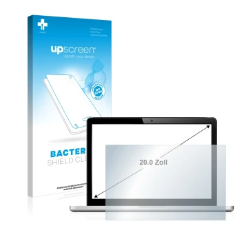 Parte frontal de un envase de producto con el logotipo de la marca upscreen. Al lado se muestra el dispositivo con su protecto