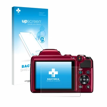 Parte frontal de un envase de producto con el logotipo de la marca upscreen. Al lado se muestra el dispositivo Nikon Coolpix L