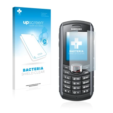 Parte frontal de un envase de producto con el logotipo de la marca upscreen. Al lado se muestra el dispositivo Samsung GT-B271