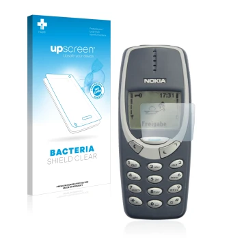 Parte frontal de un envase de producto con el logotipo de la marca upscreen. Al lado se muestra el dispositivo Nokia 3310 2011