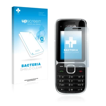 Parte frontal de un envase de producto con el logotipo de la marca upscreen. Al lado se muestra el dispositivo Nokia C2-01 con
