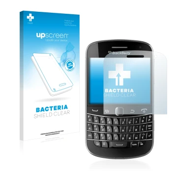 Parte frontal de un envase de producto con el logotipo de la marca upscreen. Al lado se muestra el dispositivo RIM BlackBerry 