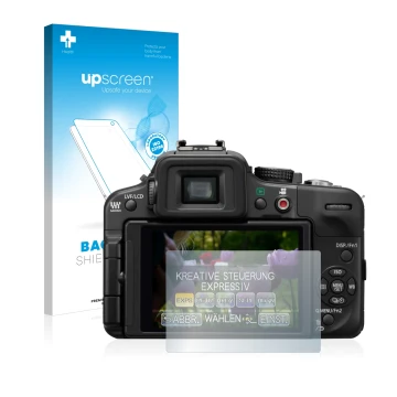 Parte frontal de un envase de producto con el logotipo de la marca upscreen. Al lado se muestra el dispositivo Panasonic Lumix