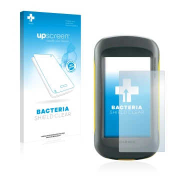Parte frontal de un envase de producto con el logotipo de la marca upscreen. Al lado se muestra el dispositivo Garmin Montana 
