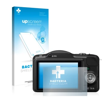 Parte frontal de un envase de producto con el logotipo de la marca upscreen. Al lado se muestra el dispositivo Panasonic Lumix